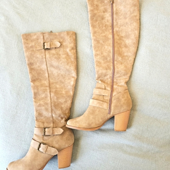 JustFab Ramonia Heeled Boot 9.5W Taupe Camel 3.5" Heel Zip Knee Winter Excellent - Picture 5 of 11